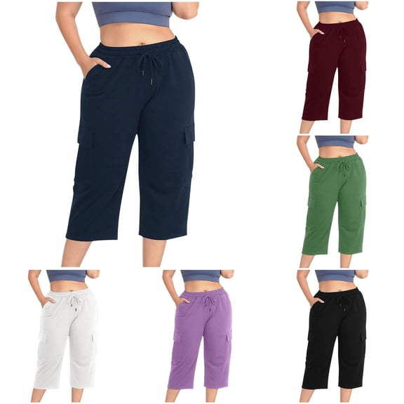 DHFJKG Capri Pants For Women Joggers Stretch Casual Drawstring Loose Fit Cargo Pants With Multi Pockets Summer Soft Trousers