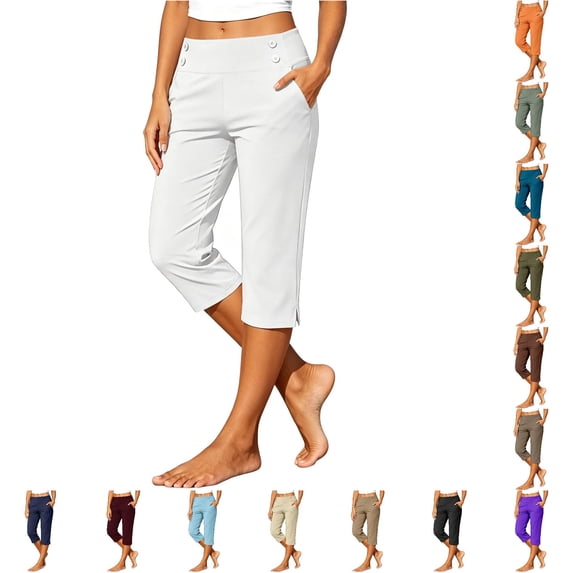 DHFJKG Capri Pants For Women Stretch Yoga Relaxed Fit Side Slit Cropped Pants With Pockets Casual Summer Comfy Trousers