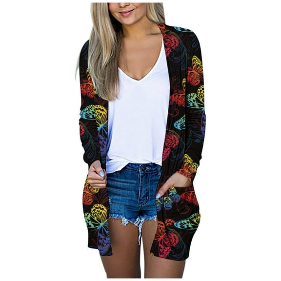 DHFJKG Cardigan For Women Butterfly Printed Long Sleeve Open Front Casual Duster Lightweight Jacket With Pockets Sreetwear Comfort Outerwear