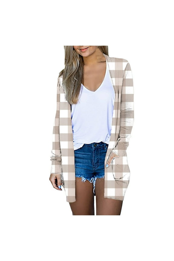 Cardigan For Women Plaid Long Sleeve Open Front Casual Duster Lightweight Jacket With Pockets Soft Outerwear