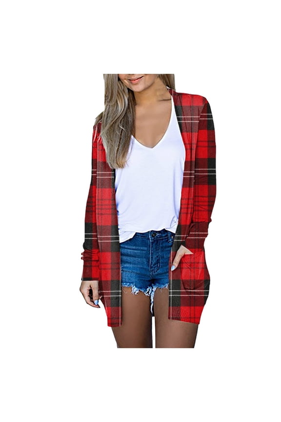 Cardigan For Women Plaid Long Sleeve Open Front Casual Duster Lightweight Jacket With Pockets Soft Outerwear