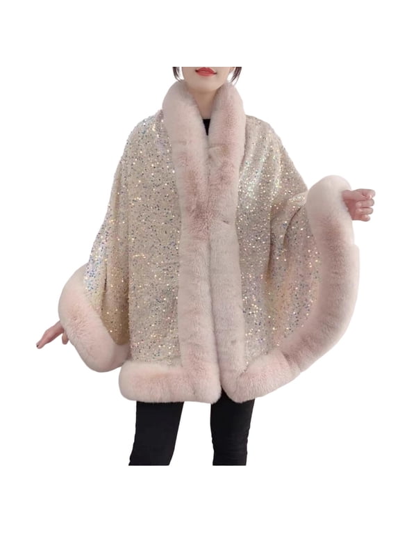 Cardigan For Women Sparkly Sequin Shawl Cape Thermal Fuzzy Lining Open Front Wrap Jackets Winter Insulated Trendy Outerwear