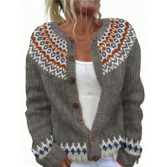 DHFJKG Cardigan Sweaters For Women Fair Isle Jacquard Knit Coat Long Sleeve Button Down Warm Outwear Loose Fit Soft Outerwear
