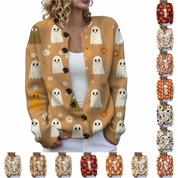DHFJKG Cardigan Sweaters For Women Halloween Pumpkin Ghost Outerwear Tops Button Down Knit Sweater