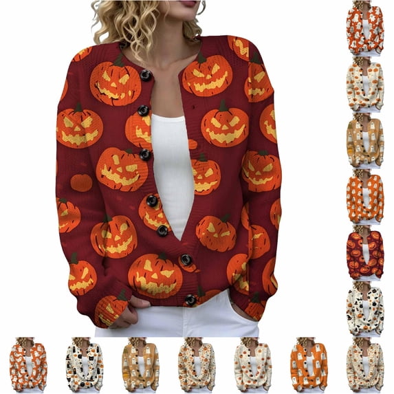 DHFJKG Cardigan Sweaters For Women Halloween Pumpkin Ghost Outerwear Tops Button Down Knit Sweater