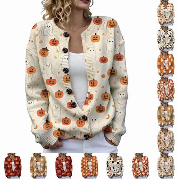 DHFJKG Cardigan Sweaters For Women Halloween Pumpkin Ghost Outerwear Tops Button Down Knit Sweater