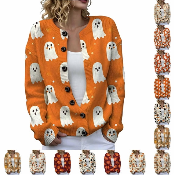DHFJKG Cardigan Sweaters For Women Halloween Pumpkin Ghost Outerwear Tops Button Down Knit Sweater