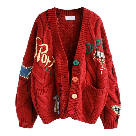 DHFJKG Cardigan Sweaters For Women Knitted Colorful Embroidery Loose Fit Button Down Deep V Neck Sweater Coat Comfort Outerwear