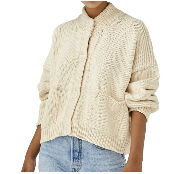 DHFJKG Cardigan Sweaters For Women Knitted Crop Jackets Loose Fit Solid Color Long Sleeve High Neck Botton Down Cardigan With Pockets Soft Outerwear
