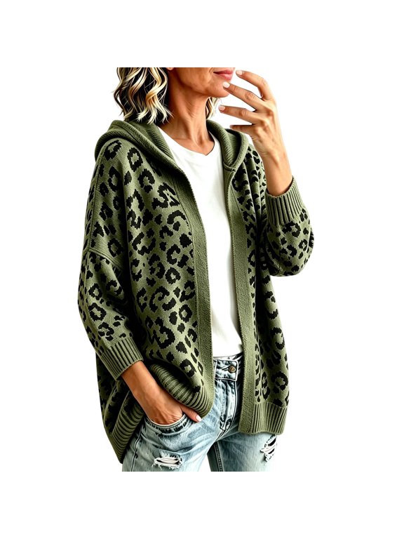 Cardigan Sweaters For Women Leopard Hooded Oversized Open Front Knit Sweater Coat