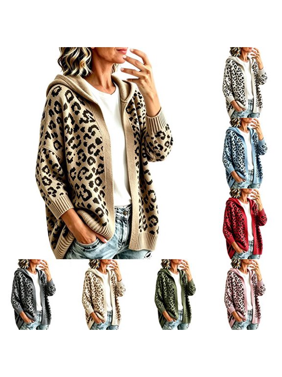 Cardigan Sweaters For Women Leopard Hooded Oversized Open Front Knit Sweater Coat