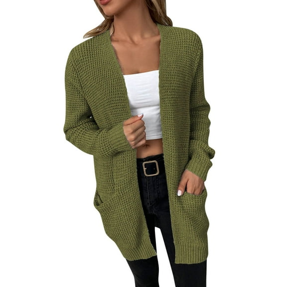 DHFJKG Cardigan Sweaters For Women Solid Color Long Sleeve Open Front Mid Length Knitted Jackets With Pockets Soft Outerwear