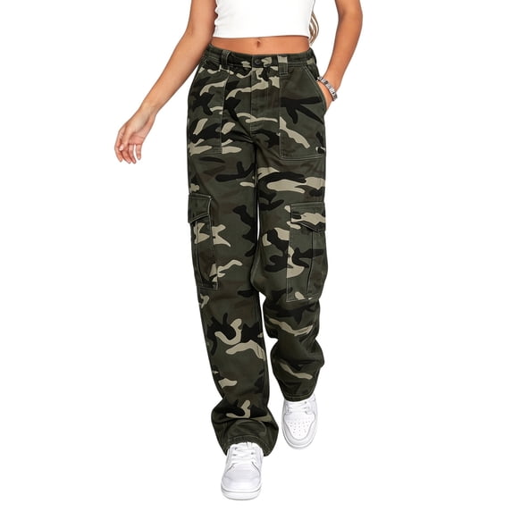 DHFJKG Cargo Pants Women Camo Flat Front Loose Fit Straight Leg Streetwear Palazzo Pants With Multi Pockets
