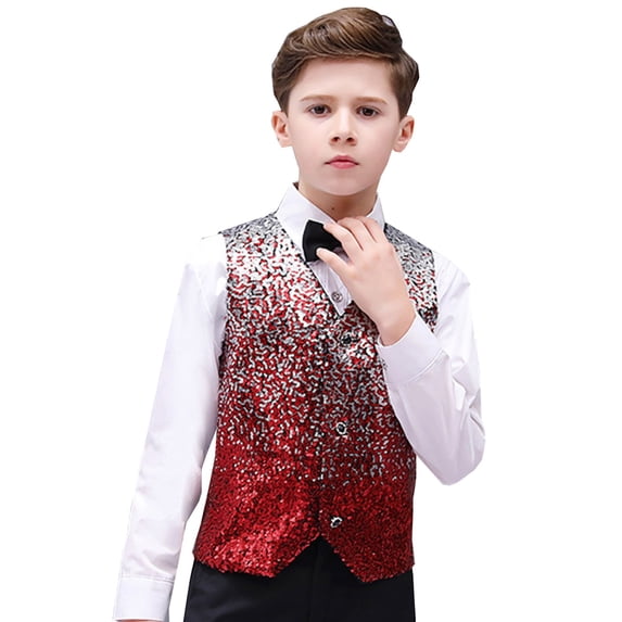 DHFJKG Carnival Boys 4PCS Performance Suit Set Sparkly Gradient Sequins Vest With Long Sleeve Button Up Collared Shirts Bow-Tie Dress Pants Party Show Soft Outfit