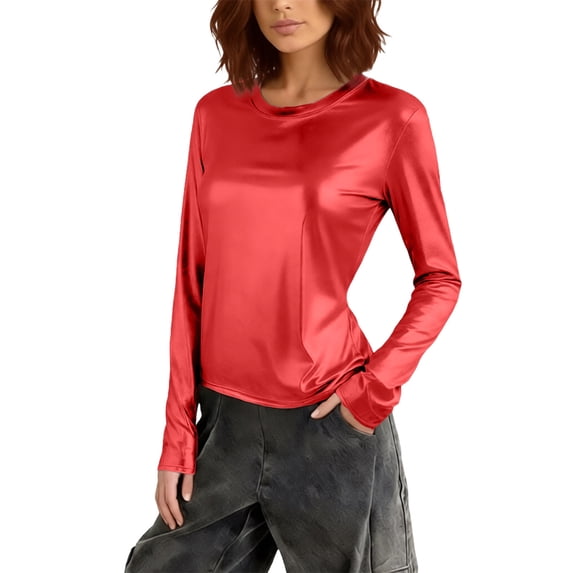 DHFJKG Carnival Long Sleeve Women Metallic T Shirts Solid Color Crop ...