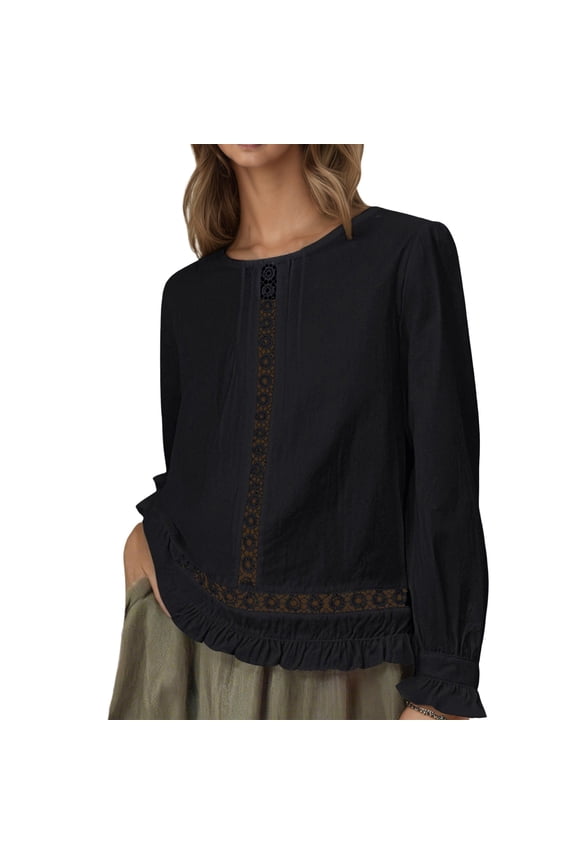 Casual Boho Women Loose Fit Long Sleeve T Shirt Breathable Linen Top Beach Vacation Clothing Ruffle Hem Crewneck Tunic Trendy Tops