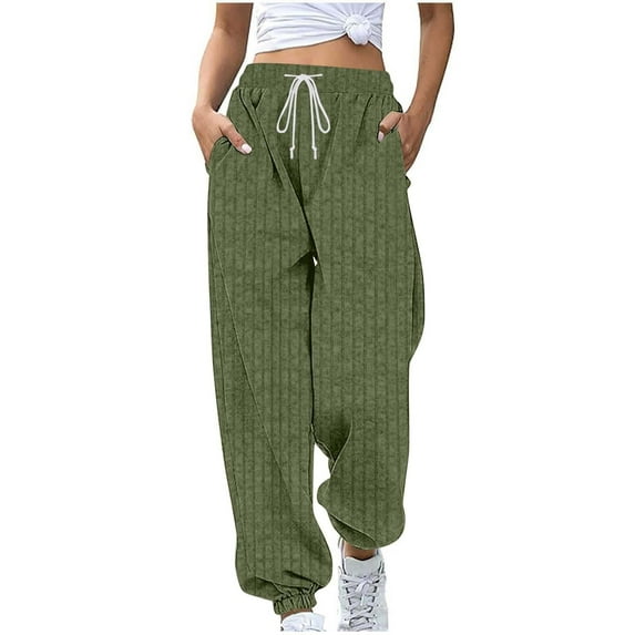 DHFJKG Casual Joggers Sweatpants Womens Solid Color Ribbed High Rise Loose Fit Elastic Drawstring Ankle-Tied Pants Sportswear Classic Trousers
