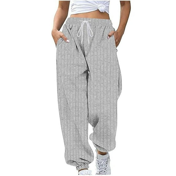 DHFJKG Casual Joggers Sweatpants Womens Solid Color Ribbed High Rise Loose Fit Elastic Drawstring Ankle-Tied Pants Sportswear Comfort Trousers
