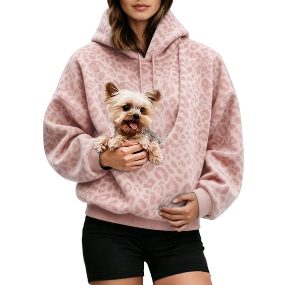 DHFJKG Cat Dog Pouch Hoodies For Women Leopard Sweatshirt Pet Holder Kangaroo Pocket Carries Pullover