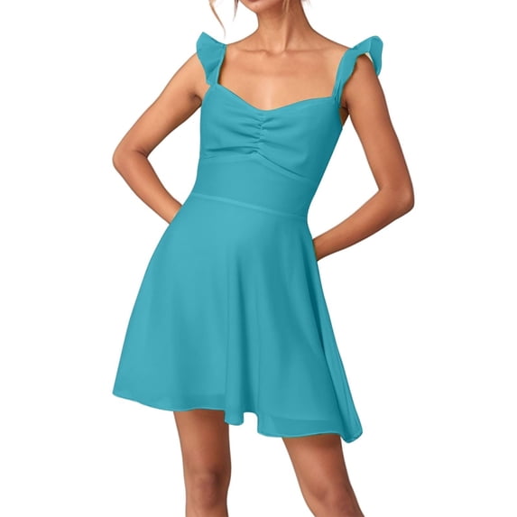 DHFJKG Chiffon Summer Dresses For Women Backless Party Mini Dress Spaghetti Strap V Neck Flowy A-Line Wedding Guest Dress Sexy Lace Up Trendy Dresses