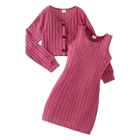 DHFJKG Child Girls Outfits Set Winter Fall Long Sleeve Ribbed Button Tops With Solid Color Dress 2 Piece Set Casual School Party Wear Girls Outfits Trendy Lovely Teen 11-12 Years