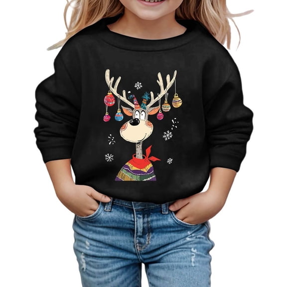 DHFJKG Children's Santa Pullover Boys Girls Christmas Cartoon Reindeer Printed Round Neck Long Sleeved Loose Fit Top Kids Casual Trendy Tops