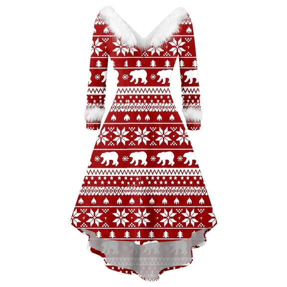 DHFJKG Christmas Dresses For Women Fuzzy Trim Deep V Neck Long Sleeve Flowy High-Low Dress Holiday Attire For Festive Gatherings Cozy Dresses
