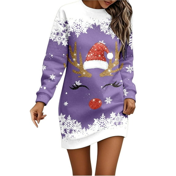 DHFJKG Christmas Dresses For Women Print Long Sleeve Crewneck ...