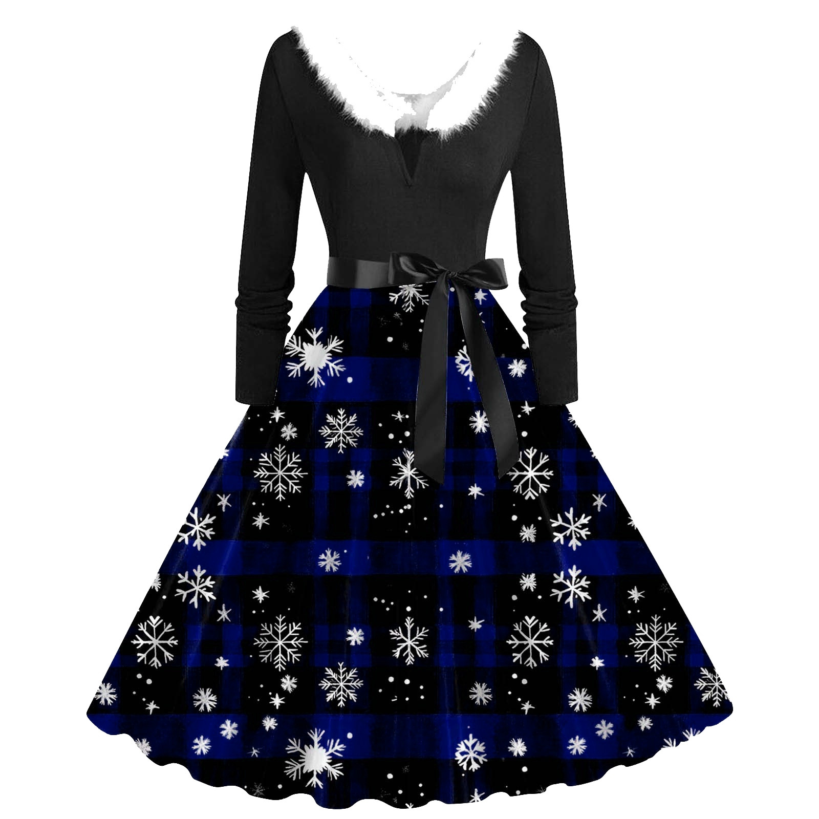 DHFJKG Christmas Dresses For Women Snowflake Print Fuzzy Trim Deep V — free download