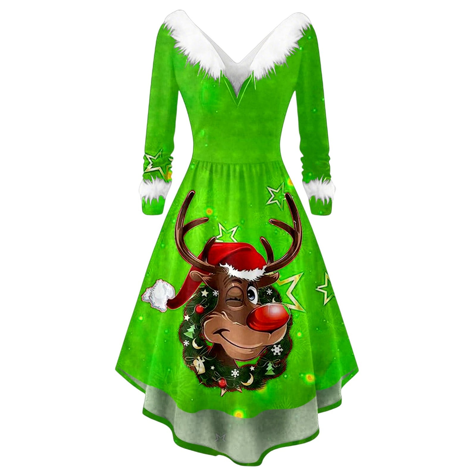 DHFJKG Christmas Dresses For Women Xmas Fuzzy Trim Deep V Neck Long ...