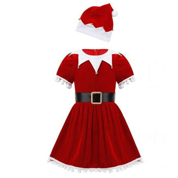 DHFJKG Christmas Elf Dresses For Women Velvet Short Sleeve Mini Dress With Hat 2 Piece Set Party Wear Trendy Outfit