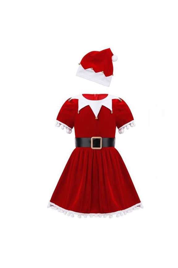Christmas Elf Dresses For Women Velvet Short Sleeve Mini Dress With Hat 2 Piece Set Party Wear Trendy Outfit