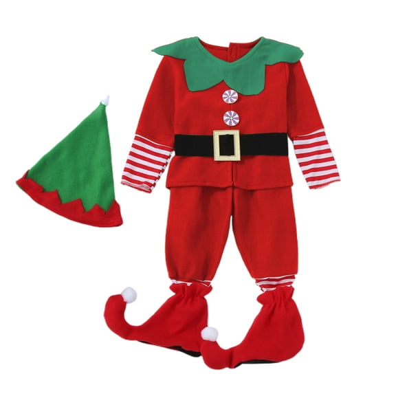 DHFJKG Christmas Elf Outfit For Family Matching Boys Long Sleeve Turndown Collar Top Pants With Hat Boots 4 Piece Sets Soft Perfomance Wear