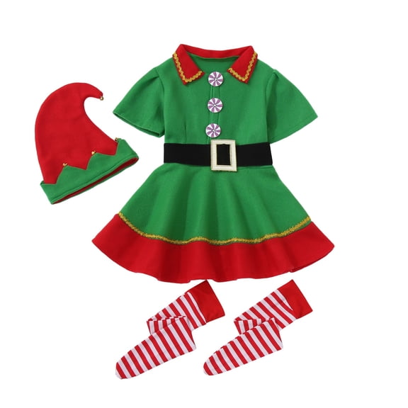 DHFJKG Christmas Elf Outfit For Family Matching Girls Short Sleeve Turndown Collar Dress With Hat Socks 3 Piece Sets Cozy Perfomance Wear