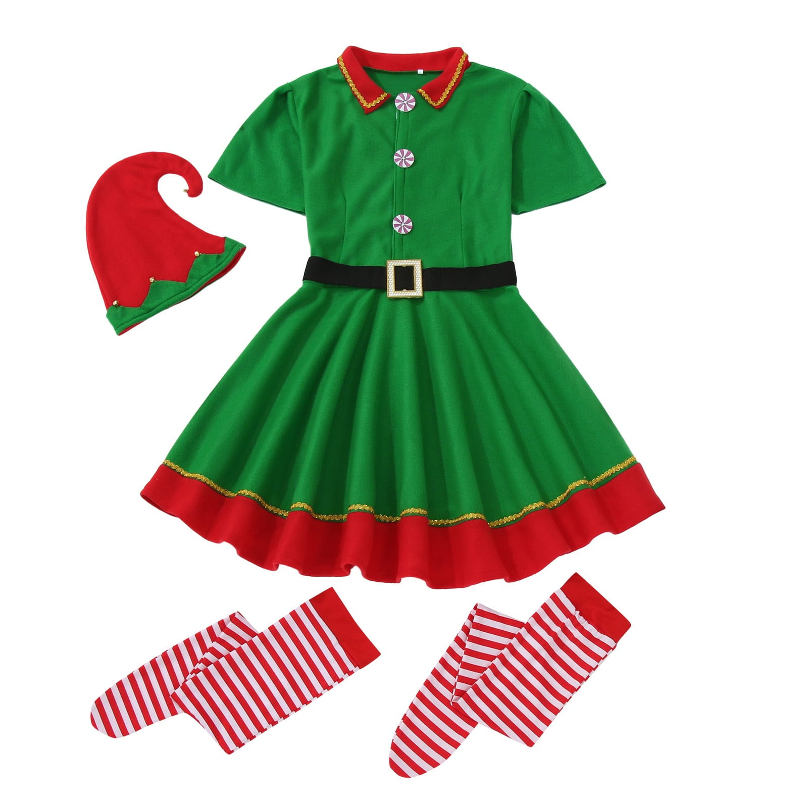 DHFJKG Christmas Elf Outfit For Family Matching Womens Short Sleeve Turndown Collar Dress With Hat Socks 3 Piece Sets Classic Perfomance Wear