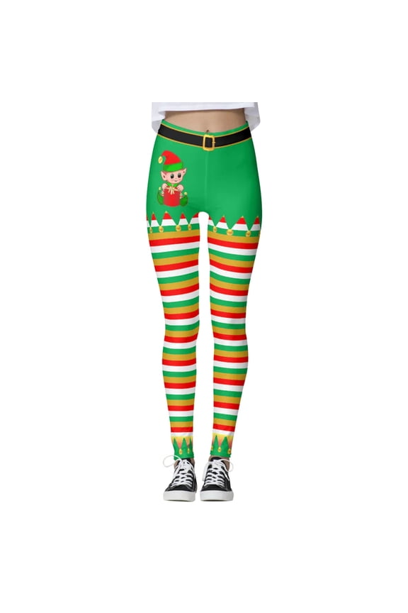 Christmas Leggings For Women Elf Printed Mid Rise High Strechy Opaque Slim Pants For Running Cycling Yoga Soft Trousers