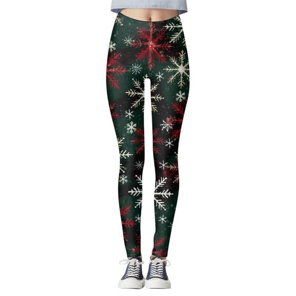 DHFJKG Christmas Leggings For Women Snowflake Printed Mid Rise High Stretch Santa Tight Pants Comfort Trousers