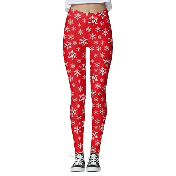 DHFJKG Christmas Leggings For Women Snowflake Printed Mid Rise High Stretch Santa Tight Pants Stylish Trousers