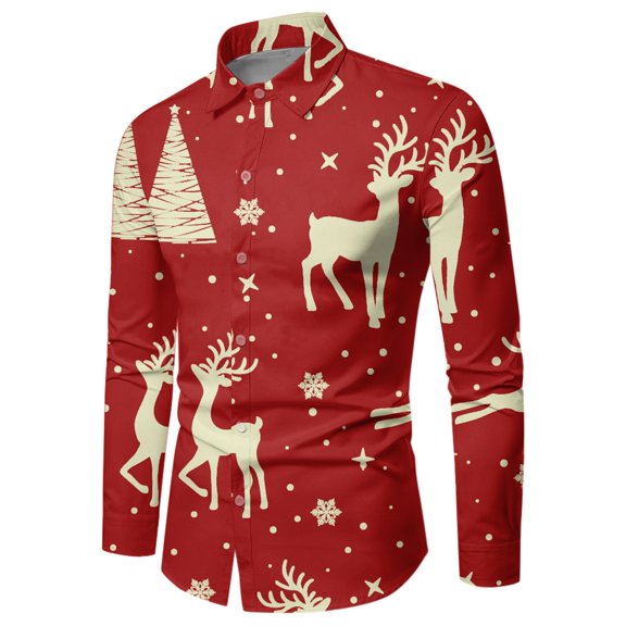 DHFJKG Christmas Long Sleeve Shirts For Men Xmas Festive Printed Turndown Collar Holiday Blouse Autumn Winter Stylish Tops