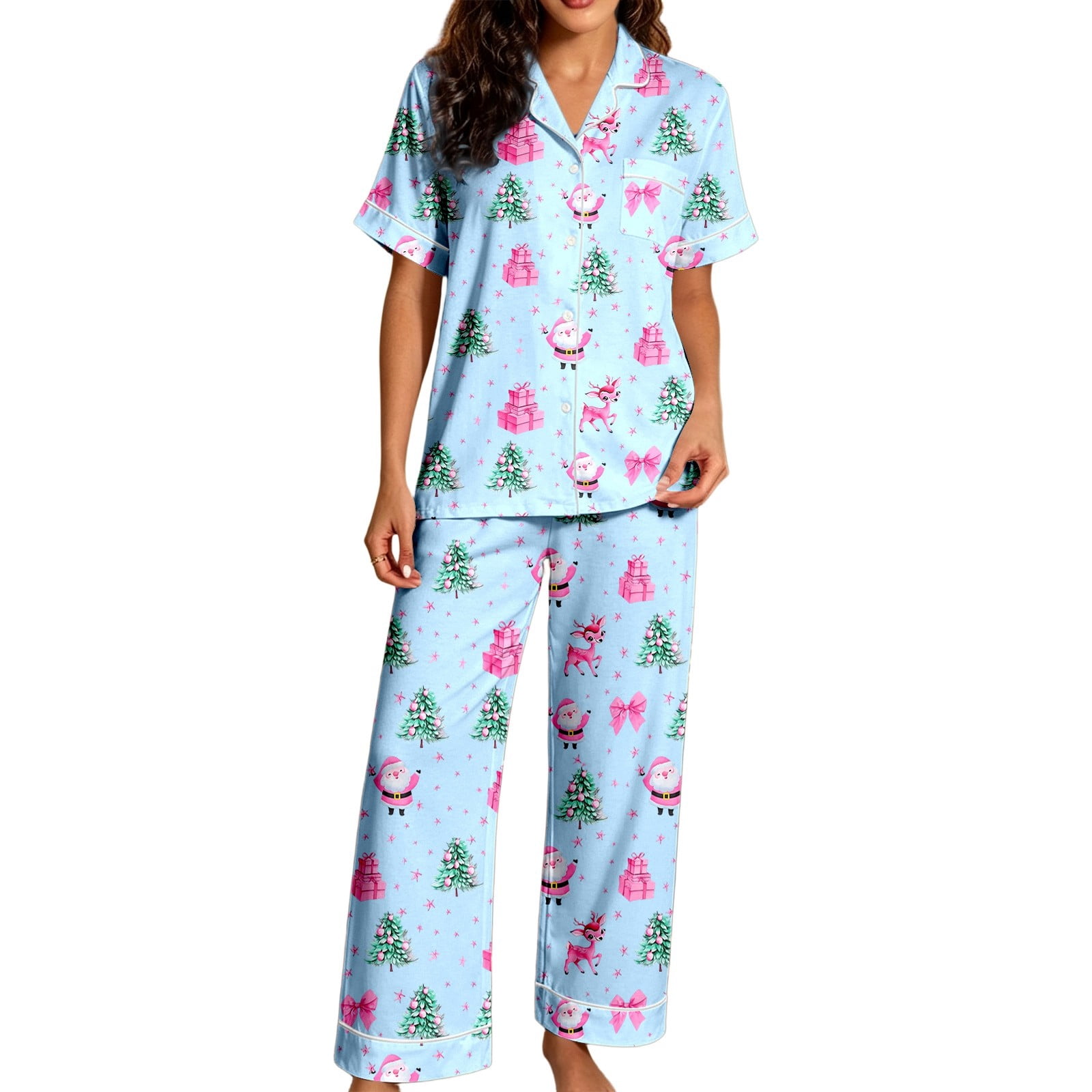 DHFJKG Christmas Pajamas For Women Santa Claus Pjs Short Sleeve Button ...