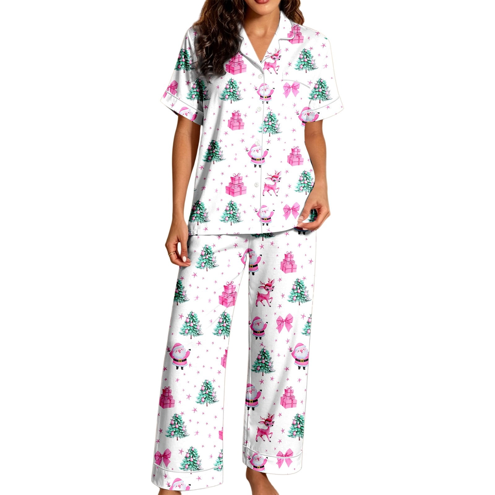 DHFJKG Christmas Pajamas For Women Santa Claus Pjs Short Sleeve Button ...