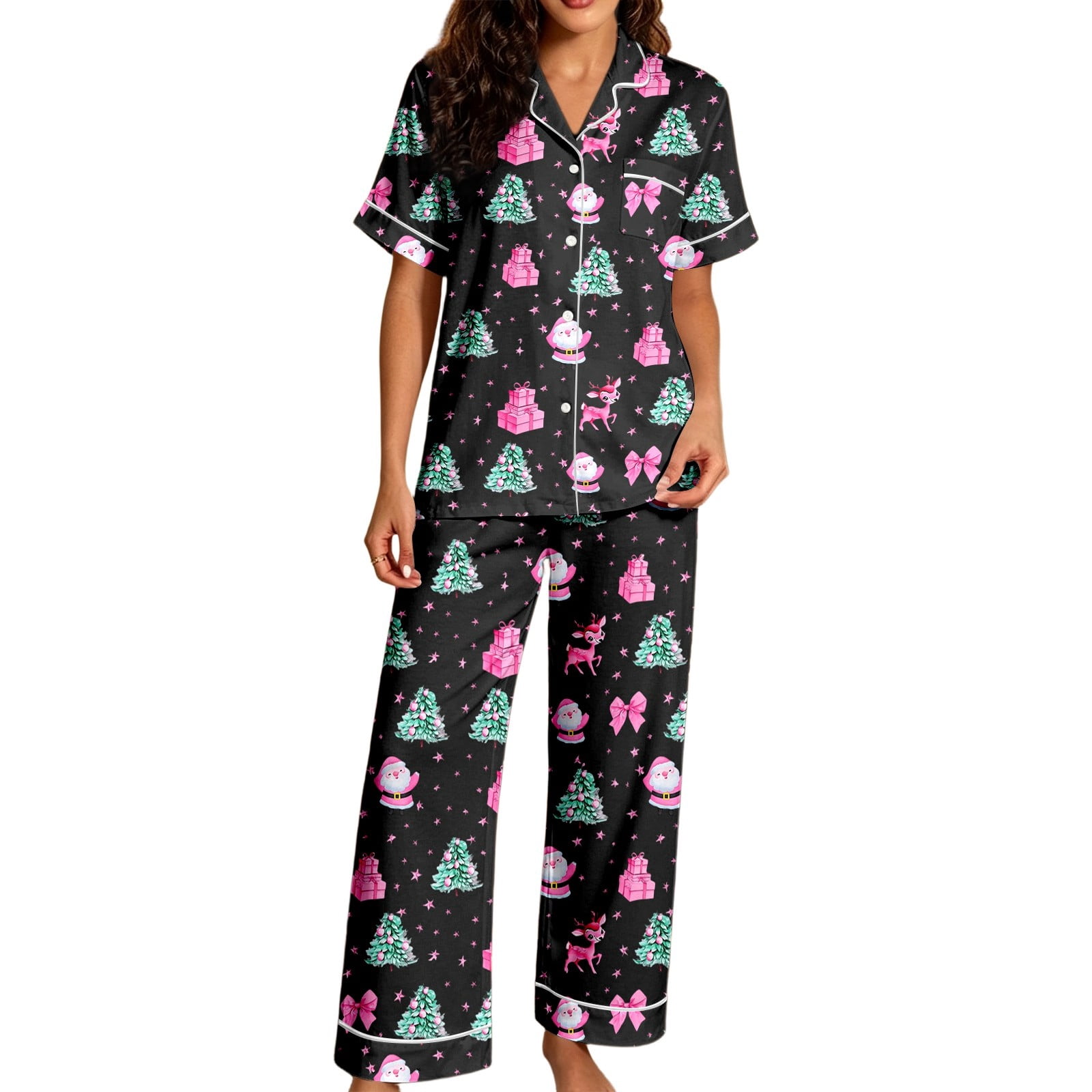 DHFJKG Christmas Pajamas For Women Santa Claus Pjs Short Sleeve Button ...