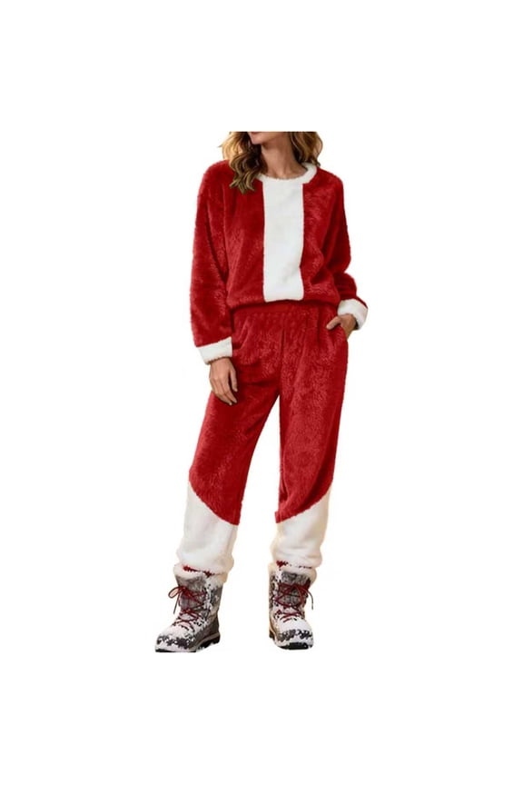 Christmas Pajamas For Women Set Santa Claus Themed Loungewear Flannel Loose Fit Top Ankle-Tied Pants 2 Piece Soft Outfit