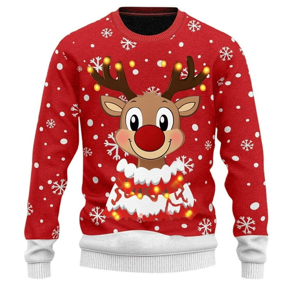 DHFJKG Christmas Reindeer Print Knit Sweater Mens Loose Fit Long Sleeve Crewneck Holiday Knitting Pullover Xmas Festive Classic Jumper Tops