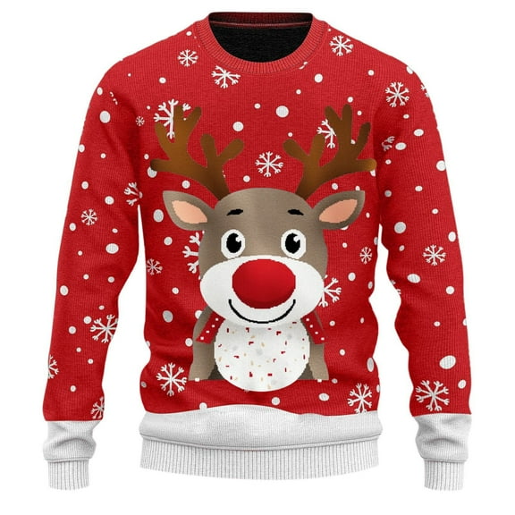 DHFJKG Christmas Reindeer Print Knit Sweater Mens Loose Fit Long Sleeve Crewneck Holiday Knitting Pullover Xmas Festive Comfort Jumper Tops
