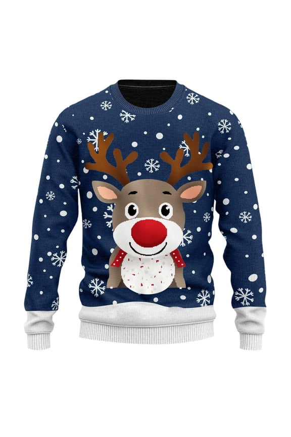 Christmas Reindeer Print Knit Sweater Mens Loose Fit Long Sleeve Crewneck Holiday Knitting Pullover Xmas Festive Comfort Jumper Tops