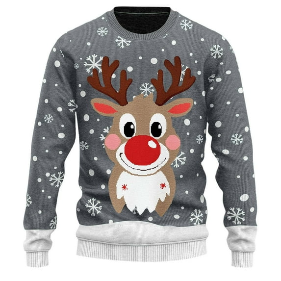 DHFJKG Christmas Reindeer Print Knit Sweater Mens Loose Fit Long Sleeve Crewneck Holiday Knitting Pullover Xmas Festive Comfort Jumper Tops