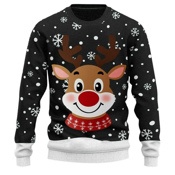 DHFJKG Christmas Reindeer Print Knit Sweater Mens Loose Fit Long Sleeve Crewneck Holiday Knitting Pullover Xmas Festive Cozy Jumper Tops