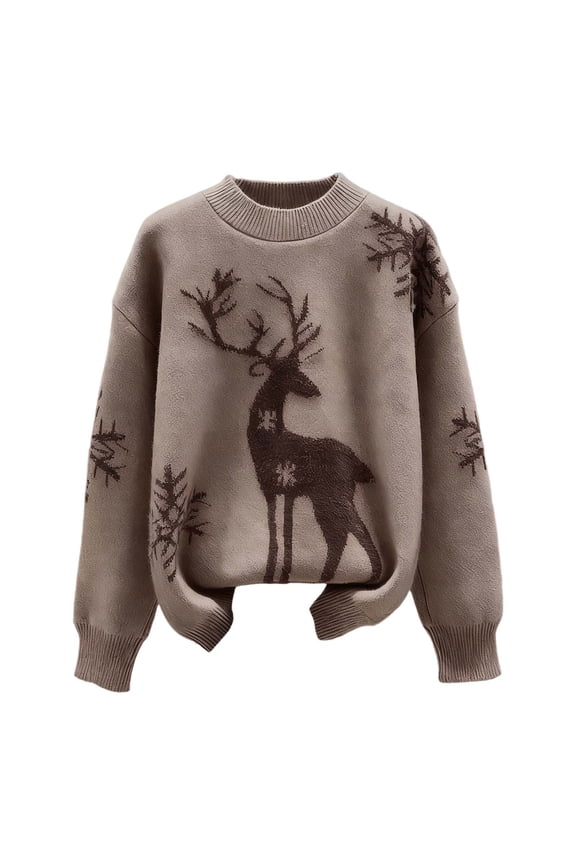 Christmas Sweaters For Women Reindeer Pattern Loose Fit Crewneck Long Sleeve Knitted Top Fall Winter Xmas Holiday Elk Comfort Jumper Tops
