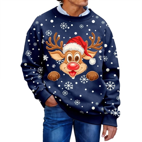 DHFJKG Christmas Sweatshirt For Men Reindeer Ribbed Long Sleeve Crewneck Pullover Top Xmas Festive Funny Comfort Tops